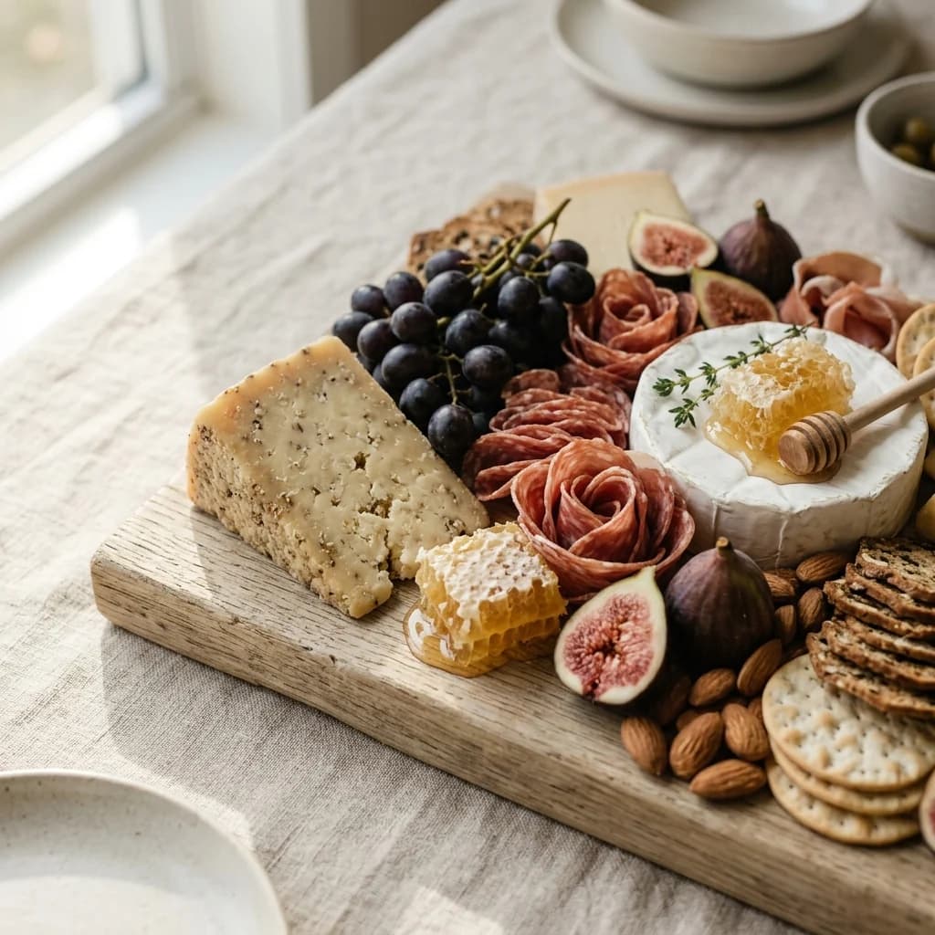 A close view of a grazing board with cheese, cured meat, figs, honeycomb and crackers.