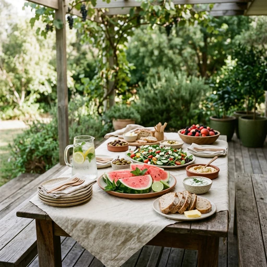 An outdoor table under a pergola with salads, watermelon, bread and jugs of water.