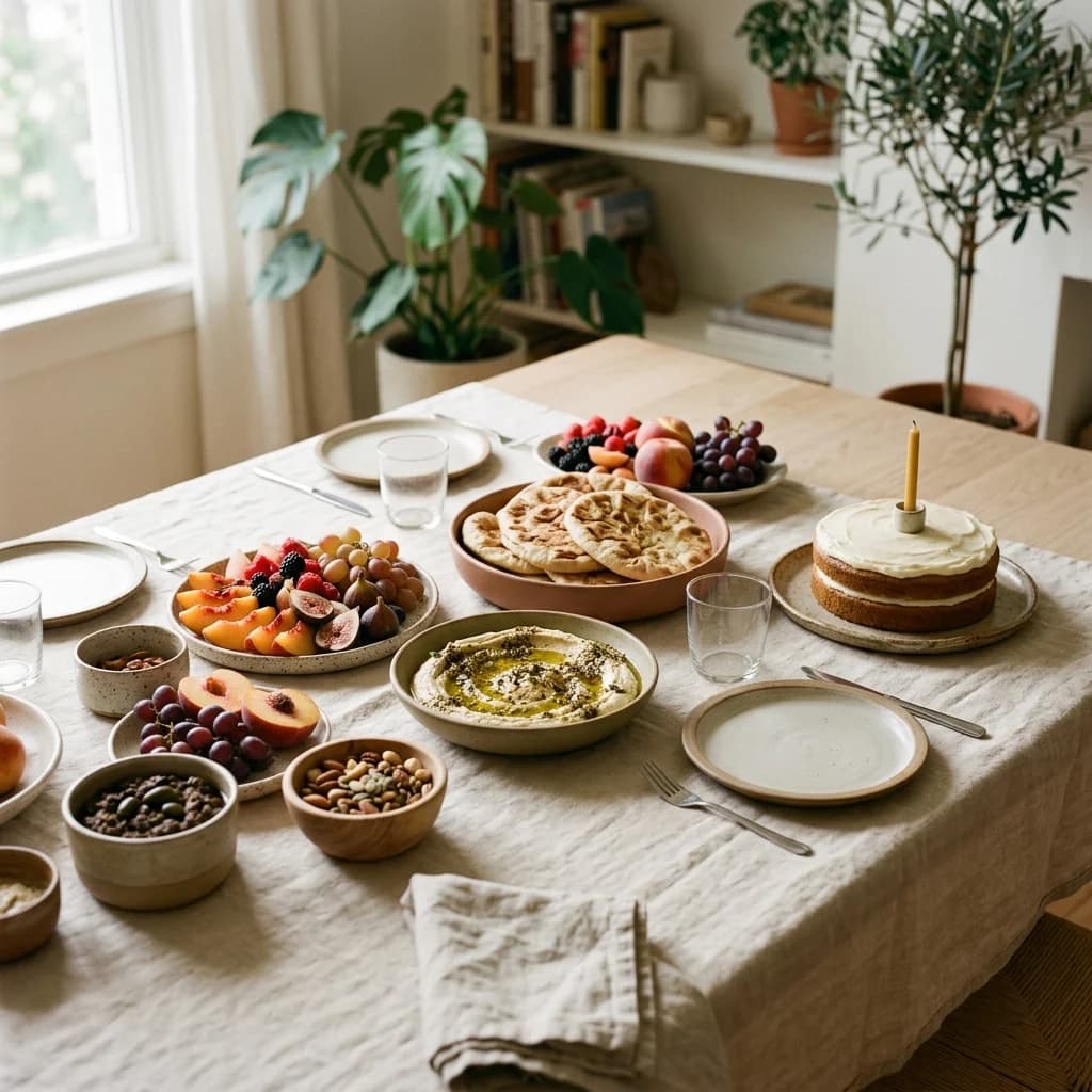 A celebration table laid with dips, fruit, bread and a small iced cake.