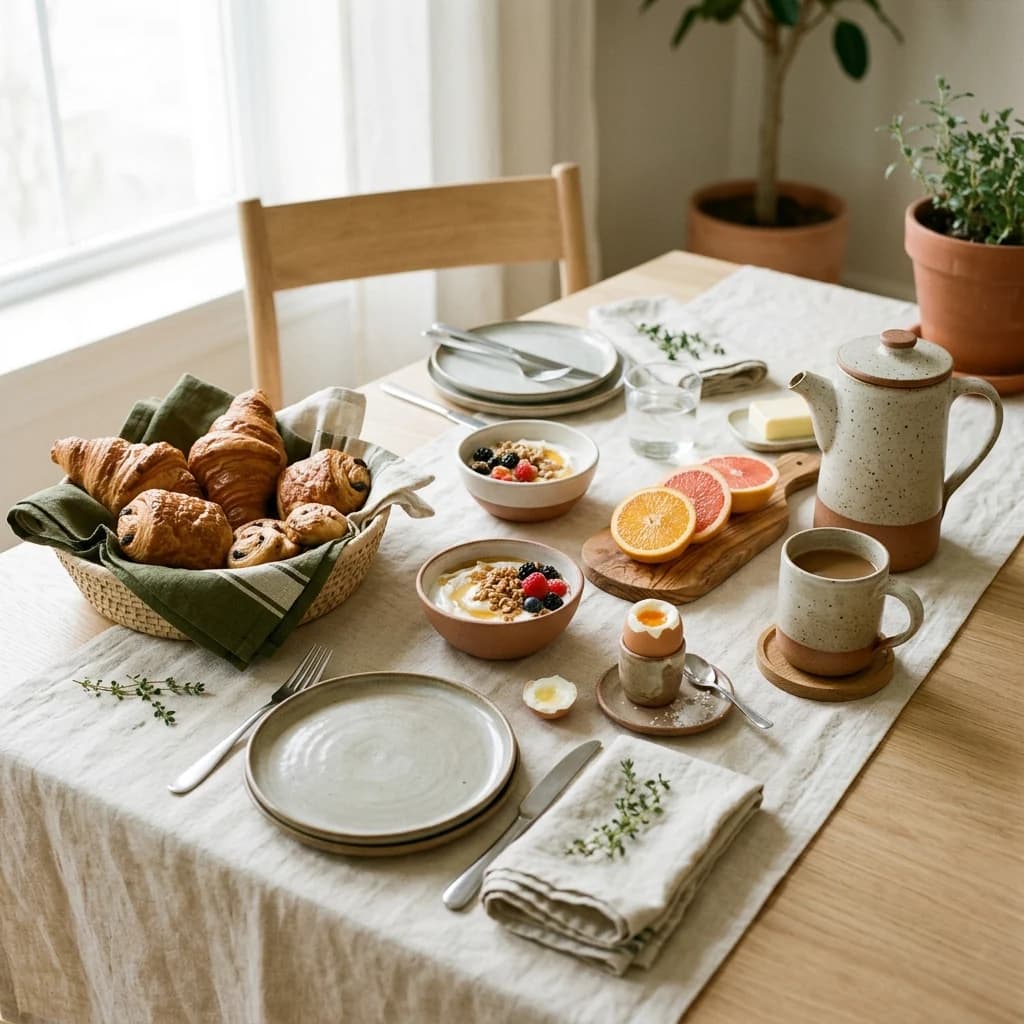 A morning table with pastries, fruit, preserves and coffee cups.