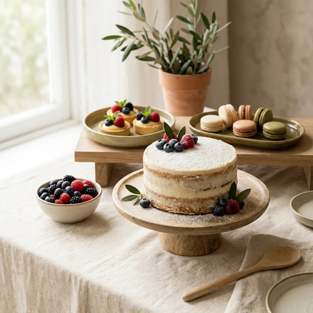 A dessert table with a naked cake, berries, fruit tarts and macarons.