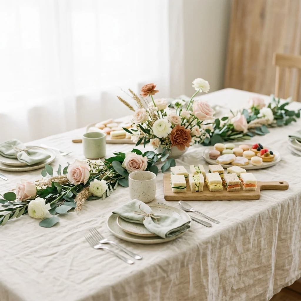A long table dressed with greenery, garden flowers and rows of small sandwiches.